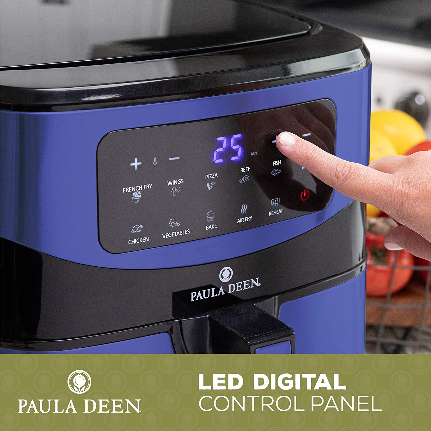 Paula Deen Stainless Steel 10 QT Digital Air Fryer 1700 Watts, LED Display, 10 Preset Cooking Functions, Ceramic Non-Stick Coating, Auto Shut-Off, 50 Recipes Blue Stainless