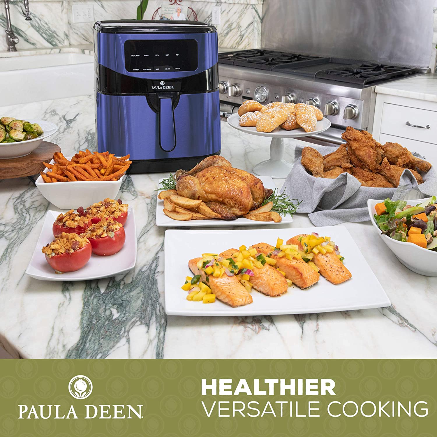 Paula Deen Stainless Steel 10 QT Digital Air Fryer 1700 Watts, LED Display, 10 Preset Cooking Functions, Ceramic Non-Stick Coating, Auto Shut-Off, 50 Recipes Blue Stainless