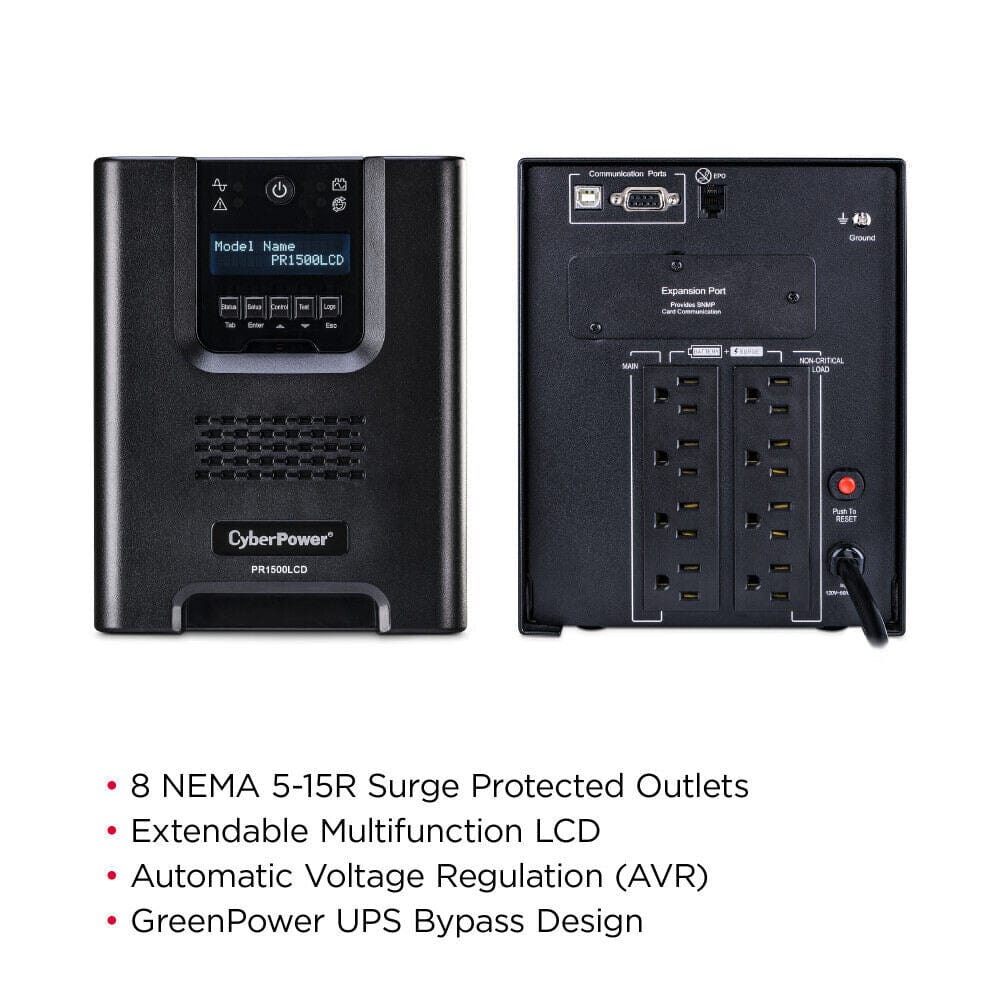 CyberPower PR1500LCD Smart App Sinewave UPS System, 1500VA/1500W, 8 Outlets, AVR, Mini-Tower, Black - Certified Refurbished