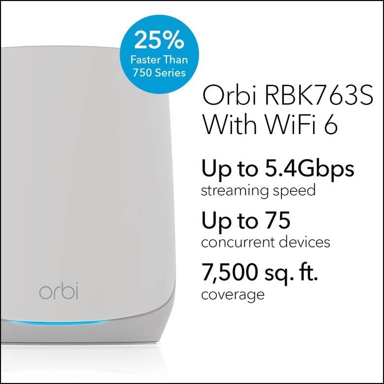 Netgear RBK763 Orbi AX5400 Tri-band WiFi 6 Mesh System, 5.4Gbps, 1 Router + 2 Satellites - Certified Refurbished