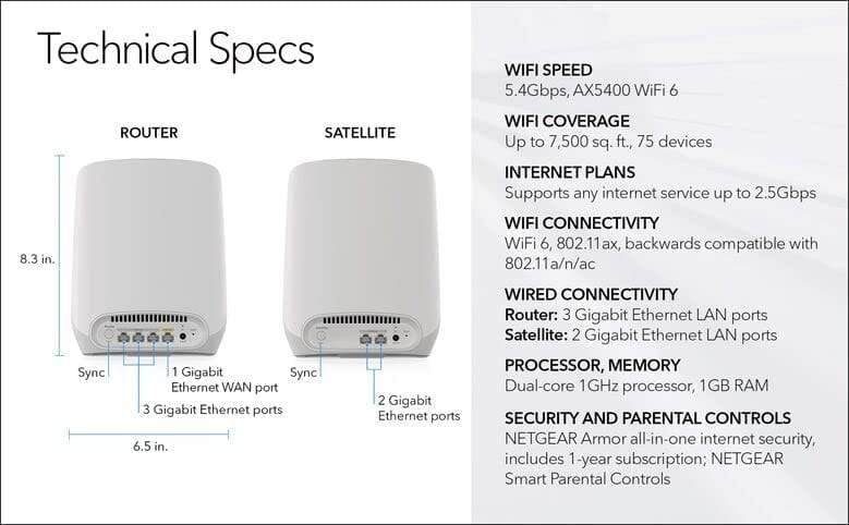 Netgear RBK763 Orbi AX5400 Tri-band WiFi 6 Mesh System, 5.4Gbps, 1 Router + 2 Satellites - Certified Refurbished