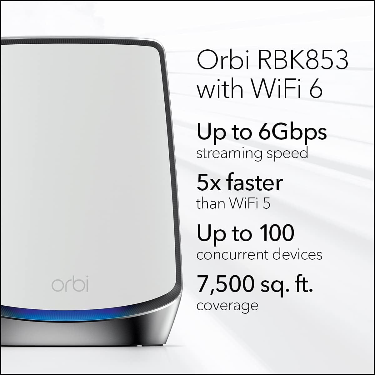 Netgear RBK853 Orbi AX6000 Wireless Tri-Band Gigabit Mesh WiFi 6 System 3-Pack, 1 Router + 2 Satellites - Certified Refurbished