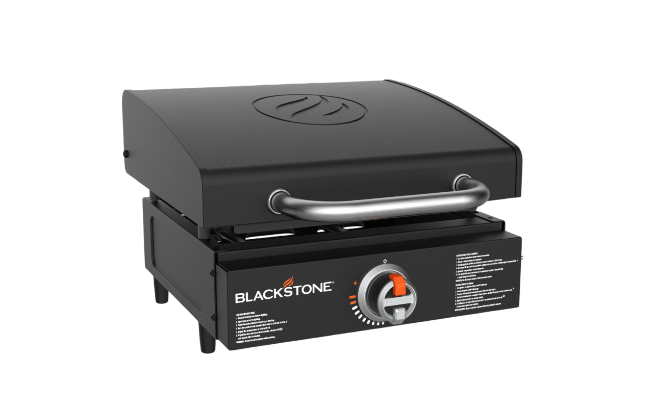 Blackstone 17in Tabletop Griddle Bundle with Hood, Smash & Sear Press, 2 Spatulas, and heavy-duty carry bag, Black - Refurbished