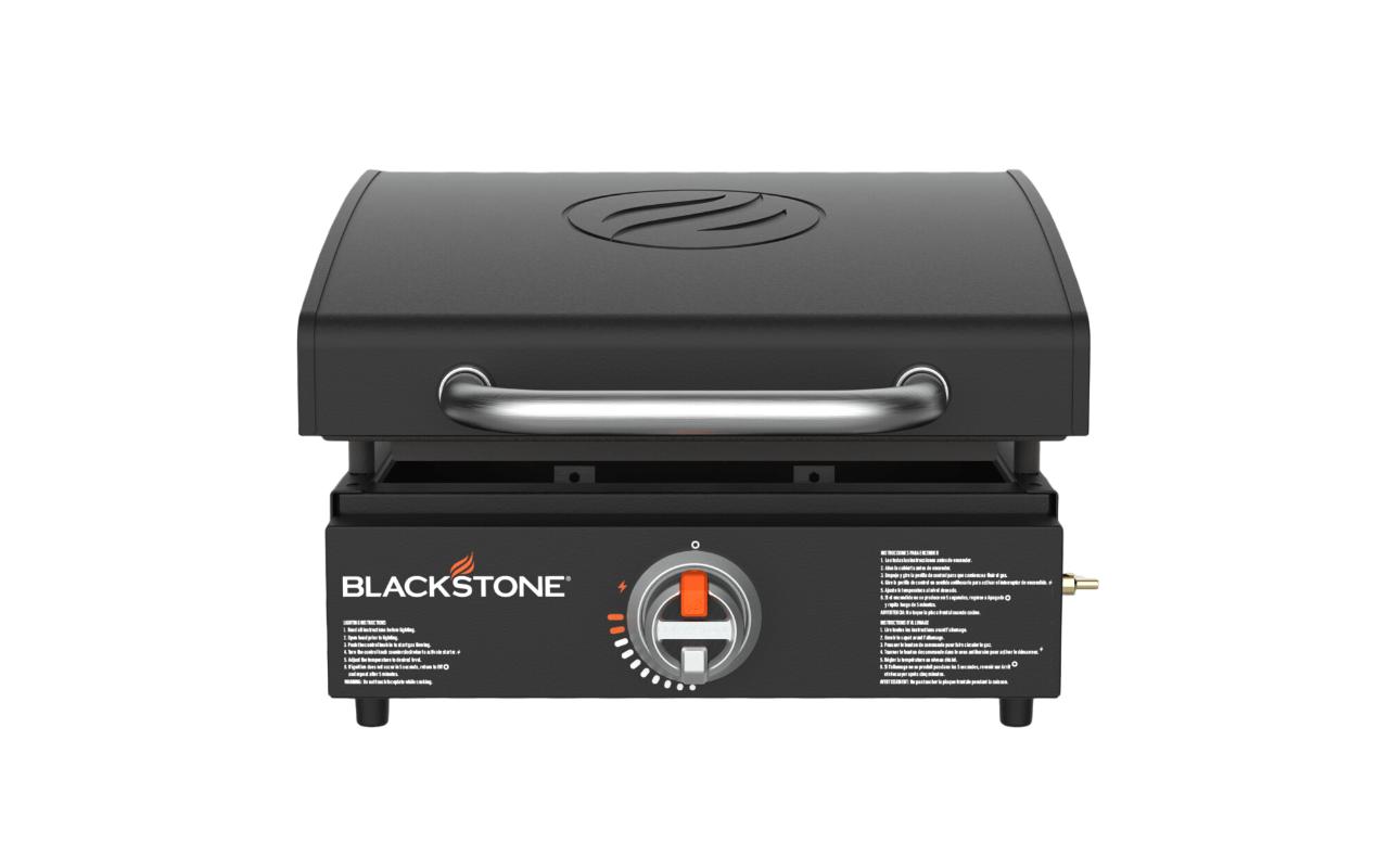 Blackstone 17in Tabletop Griddle Bundle with Hood, Smash & Sear Press, 2 Spatulas, and heavy-duty carry bag, Black - Refurbished