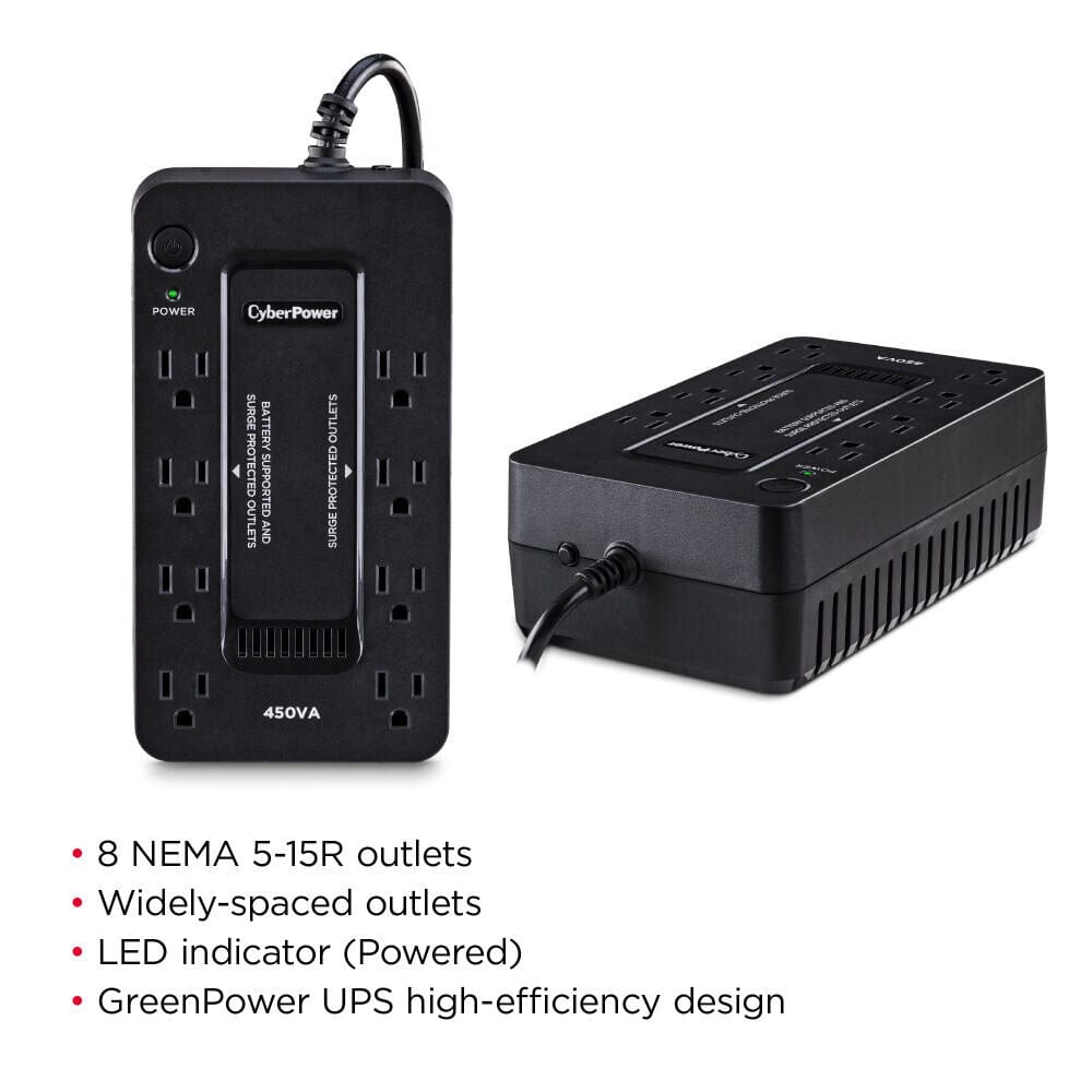 CyberPower 450VA/260W Battery Backup UPS System with 8 Outlets, Black - Certified Refurbished