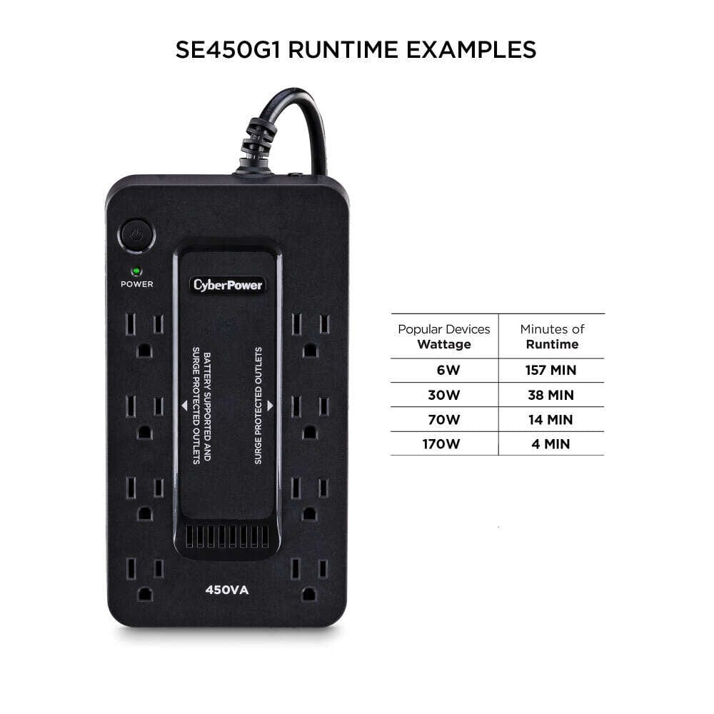 CyberPower 450VA/260W Battery Backup UPS System with 8 Outlets, Black - Certified Refurbished