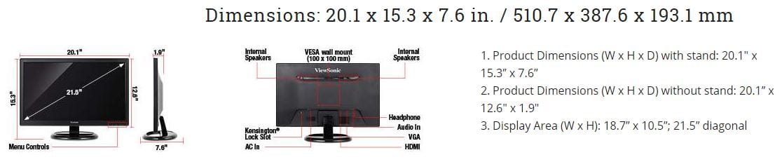 ViewSonic VA2265SMH-R 22" 1080p LED Monitor HDMI, VGA - C Grade Refurbished