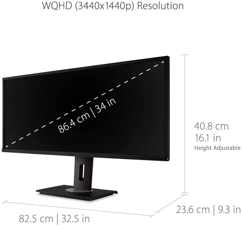 ViewSonic 34" Ultra-Wide 21:9 WQHD Ergonomic Monitor with HDMI DisplayPort USB, 40 Degree Tilt and FreeSync for Home and Office - Certified Refurbished