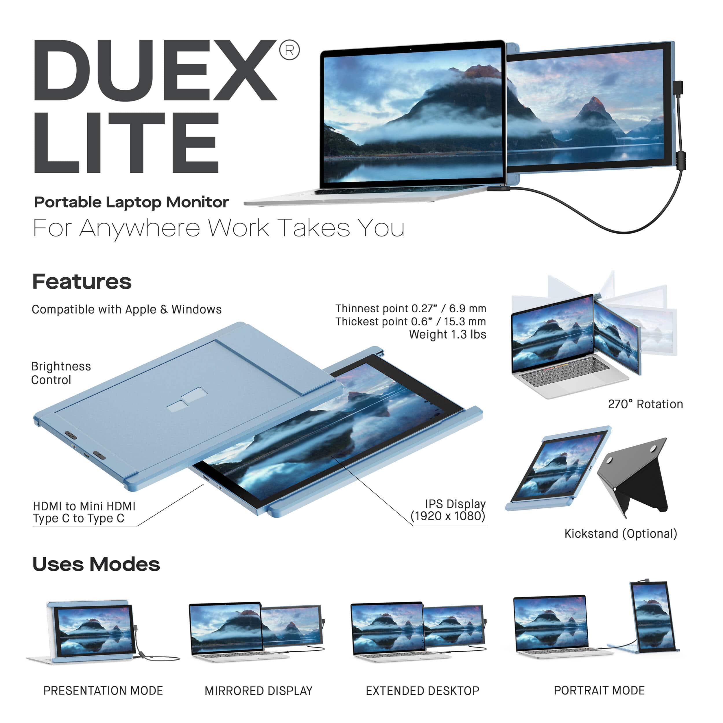 Mobile Pixels Duex Lite 12.5" Portable Monitor FHD 1080p Laptop Screen Extender, Blue - Certified Refurbished