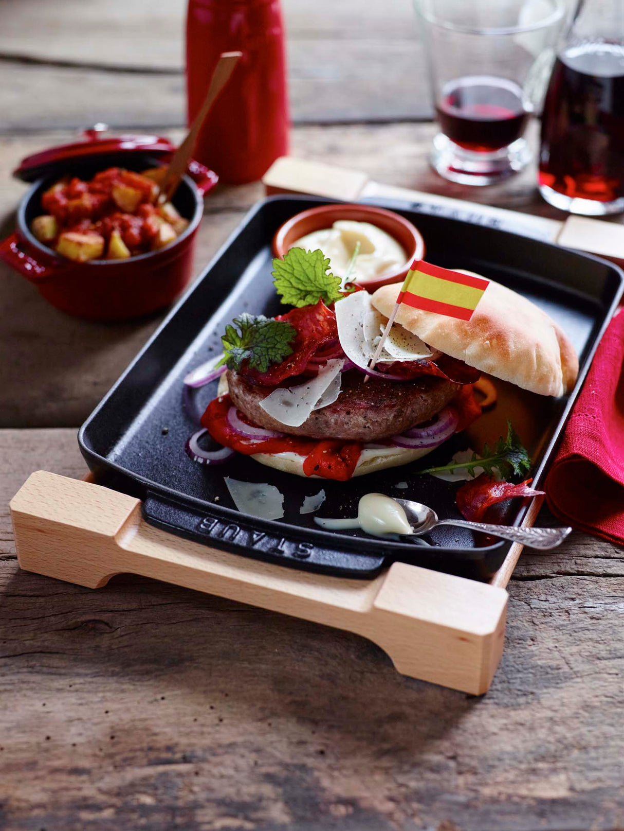 Staub Cast Iron 13 x 9-inch Rectangular Serving Dish with Wood Base - Matte Black