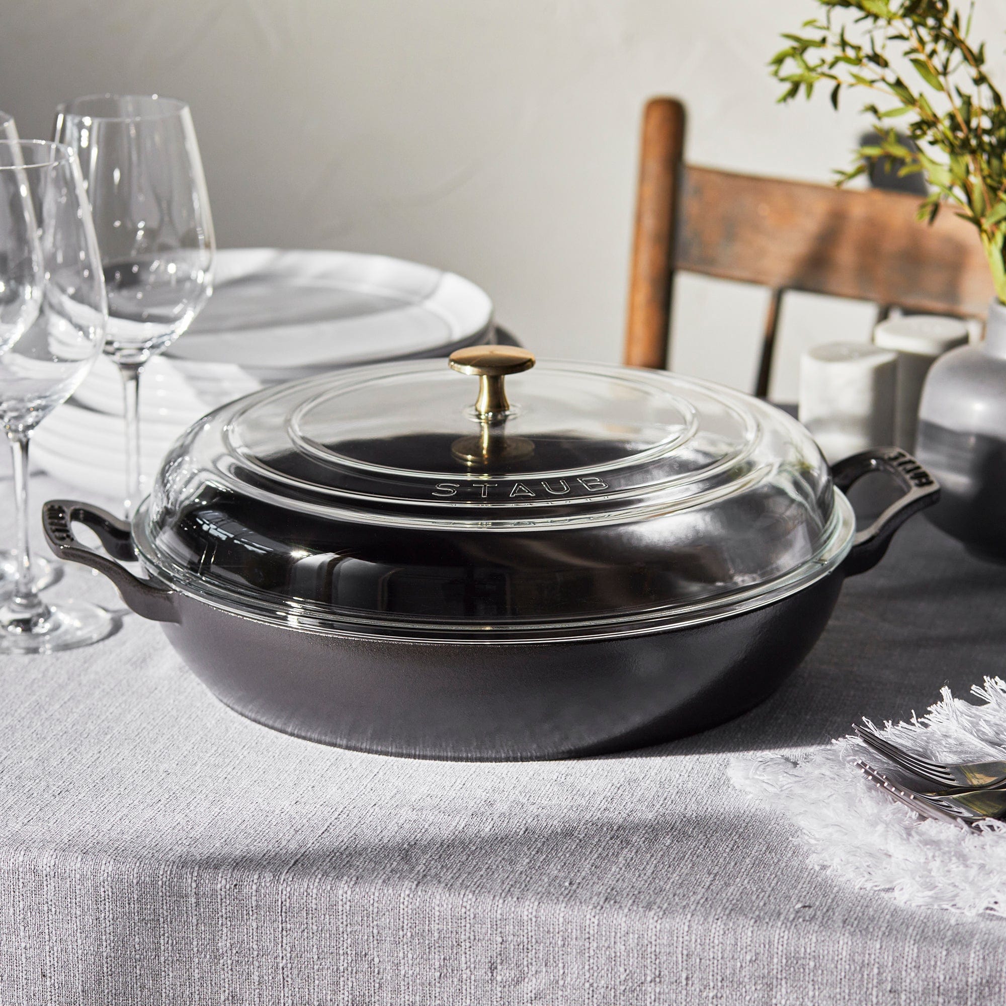 Staub Cast Iron Braiser with Glass Lid, Dutch Oven, 3.5-quart, serves 3-4, Made in France, Matte Black