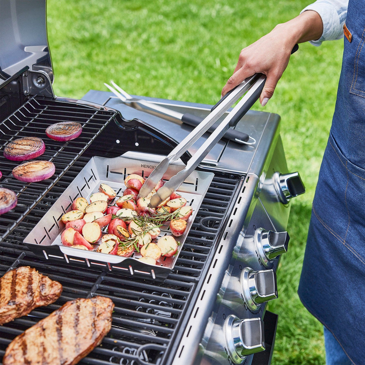 Henckels BBQ 2-pc Stainless Steel Grill Topper + Basket Set