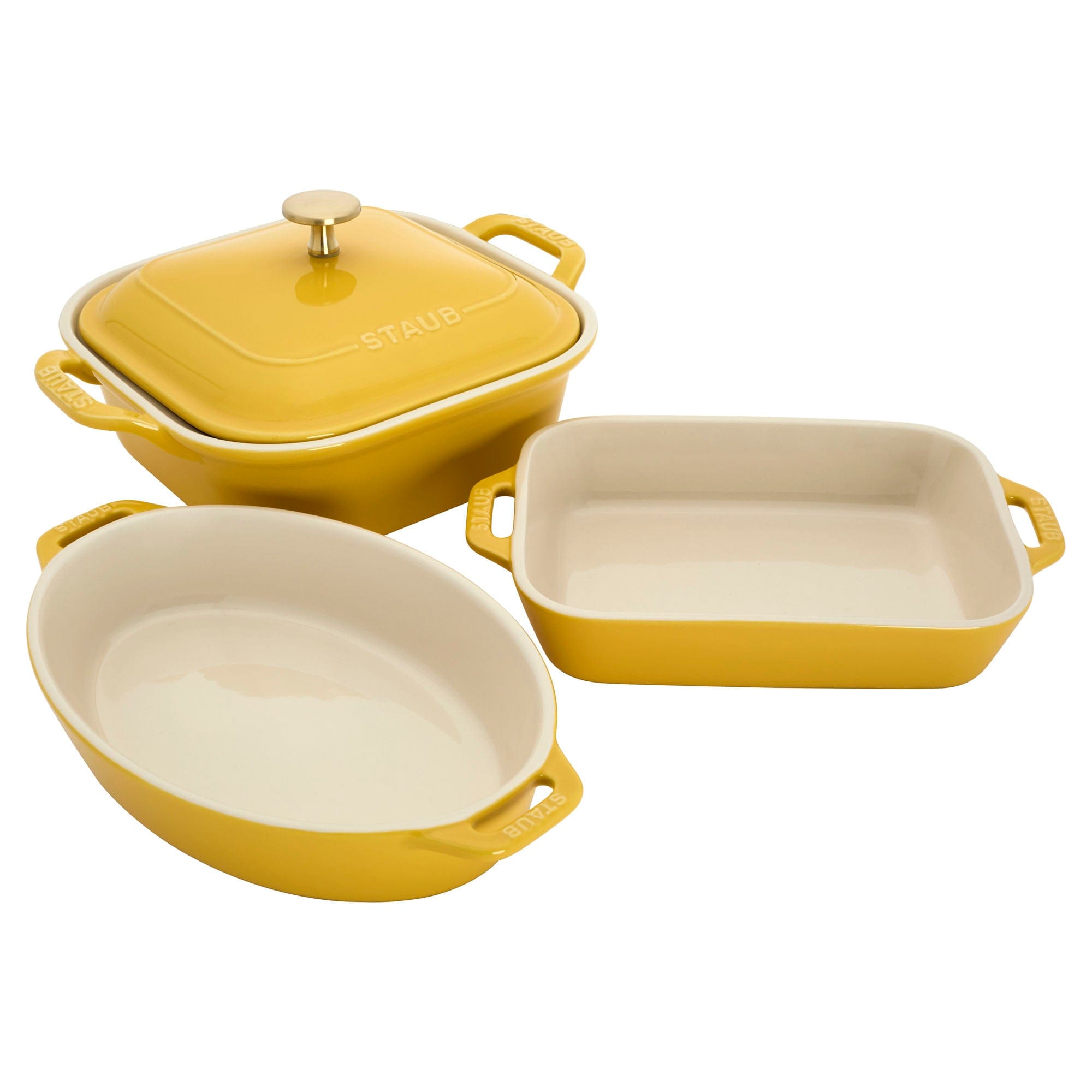 Staub Ceramic 4-pc Baking Pans Set, Casserole Dish with Lid, Brownie Pan, Citron