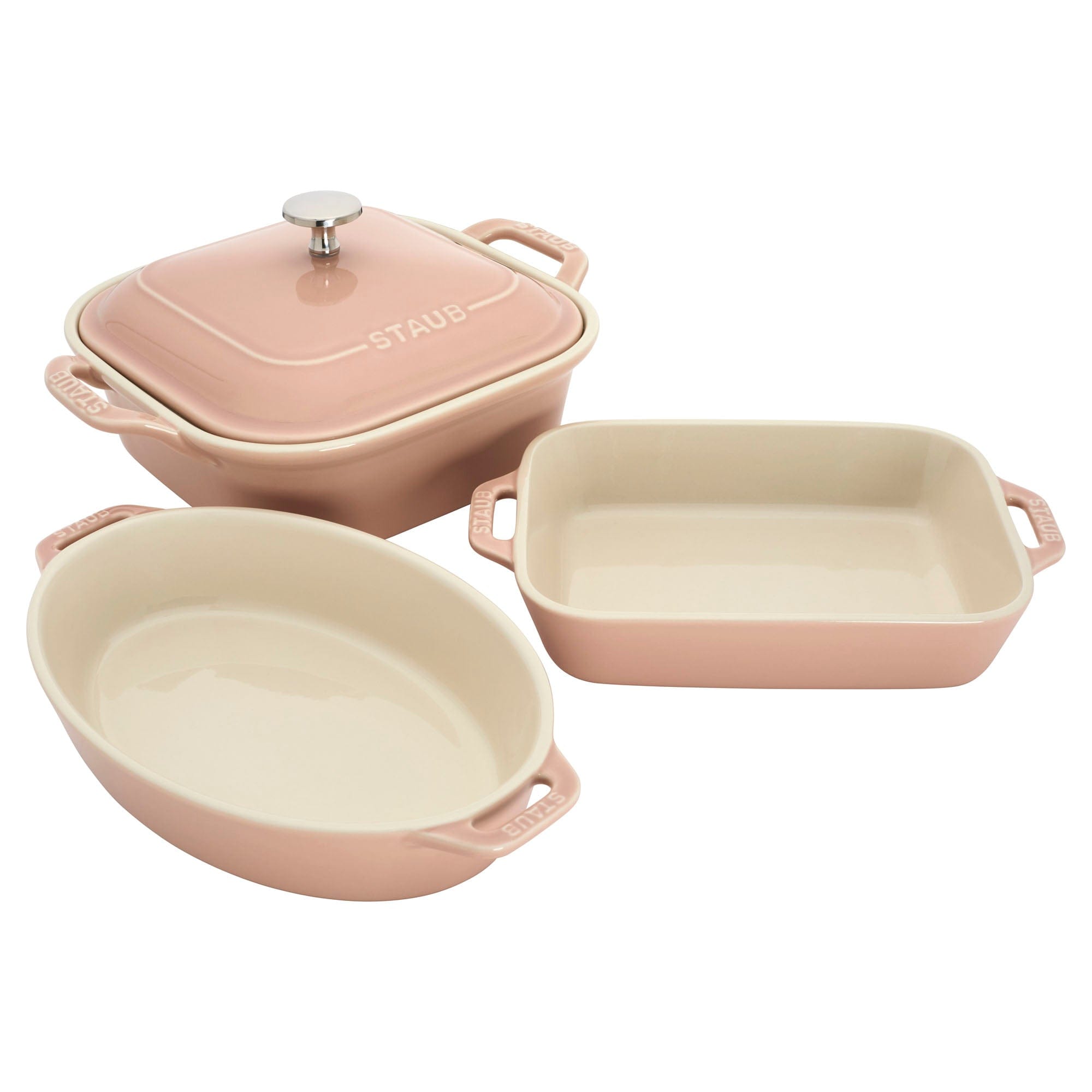 Staub Ceramic 4-pc Baking Pans Set, Casserole Dish with Lid, Brownie Pan, Light Pink