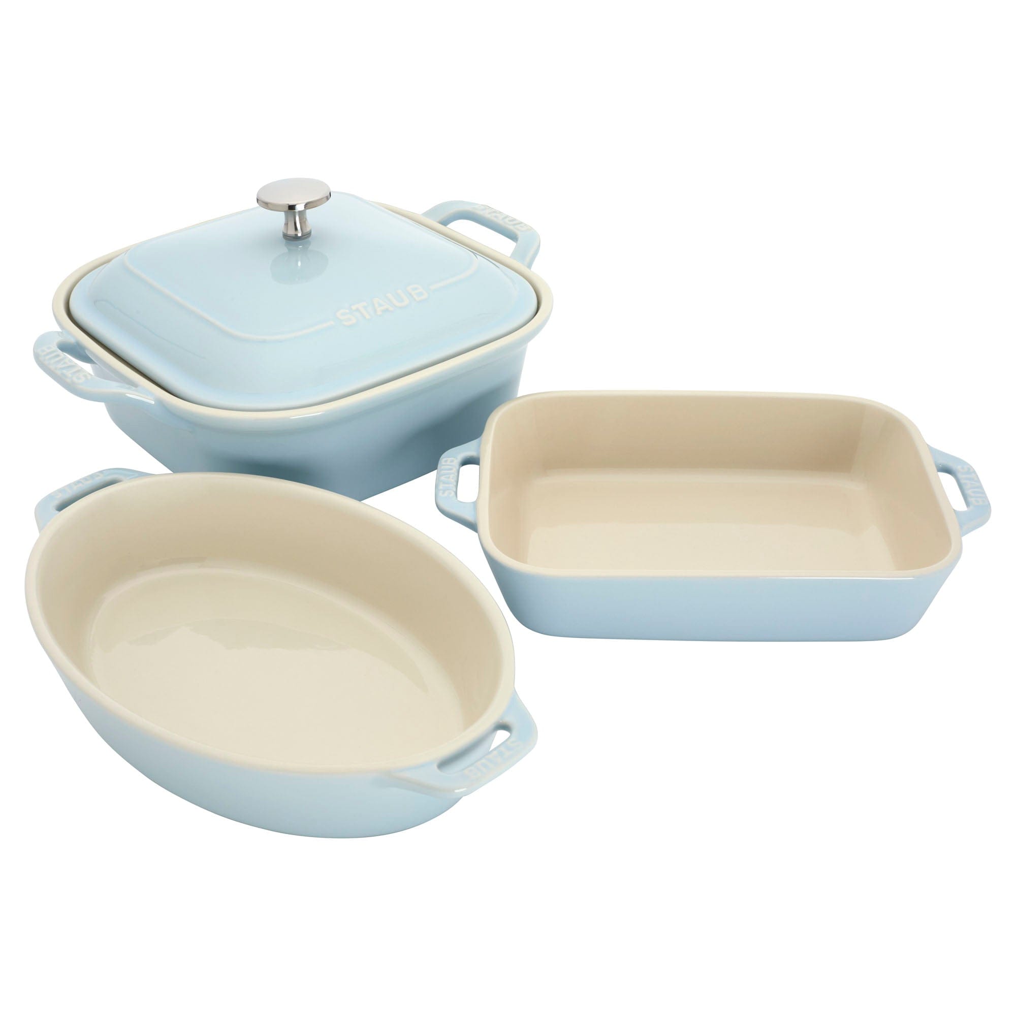 Staub Ceramic 4-pc Baking Pans Set, Casserole Dish with Lid, Brownie Pan, Light Blue