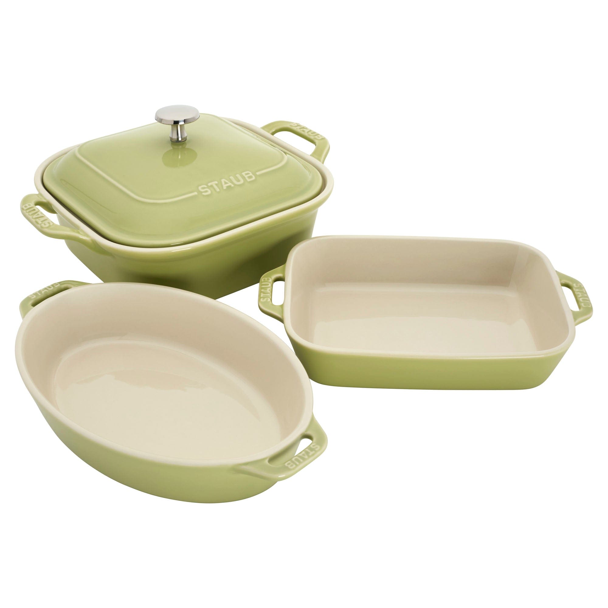 Staub Ceramic 4-pc Baking Pans Set, Casserole Dish with Lid, Brownie Pan, Light Green