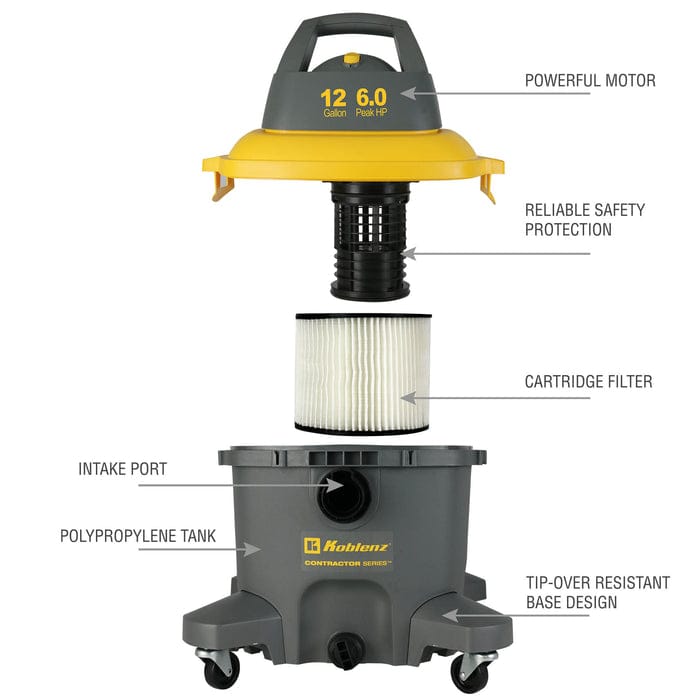 Koblenz WD 12 C4 12-Gallon 6.0 PHP Contractor Wet/Dry Vacuum Cleaner, Gray and Yellow