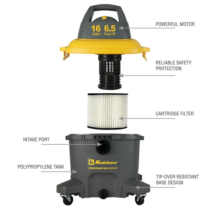 Koblenz WD 16 C4 16-Gallon 6.5 PHP Contractor Wet/Dry Vacuum Cleaner, Gray and Yellow