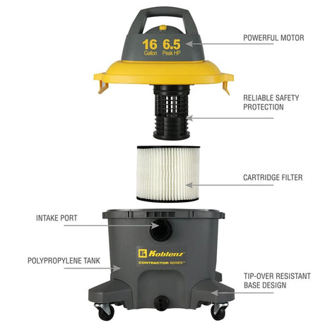 Koblenz WD 16 C4 16-Gallon 6.5 PHP Contractor Wet/Dry Vacuum Cleaner, Gray and Yellow