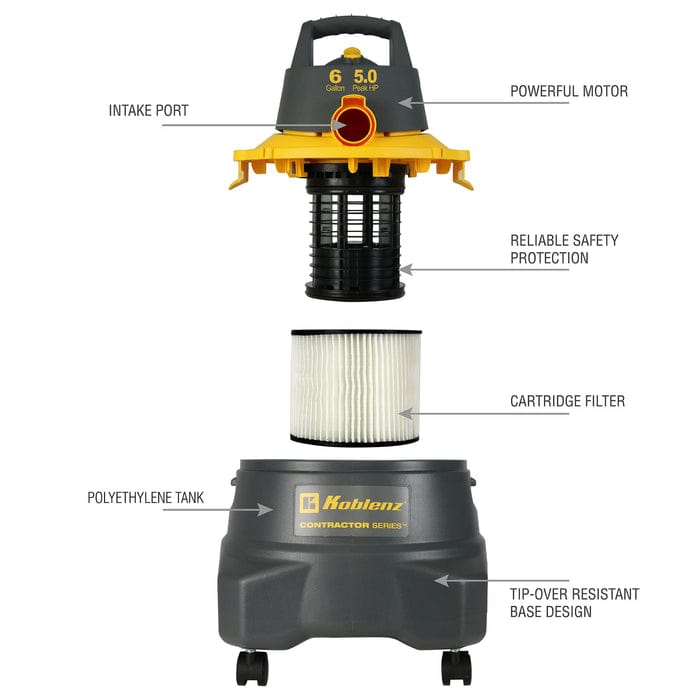 Koblenz WD 6 C212 6-Gallon 5.0 PHP Contractor Wet/Dry Vacuum Cleaner, Gray and Yellow