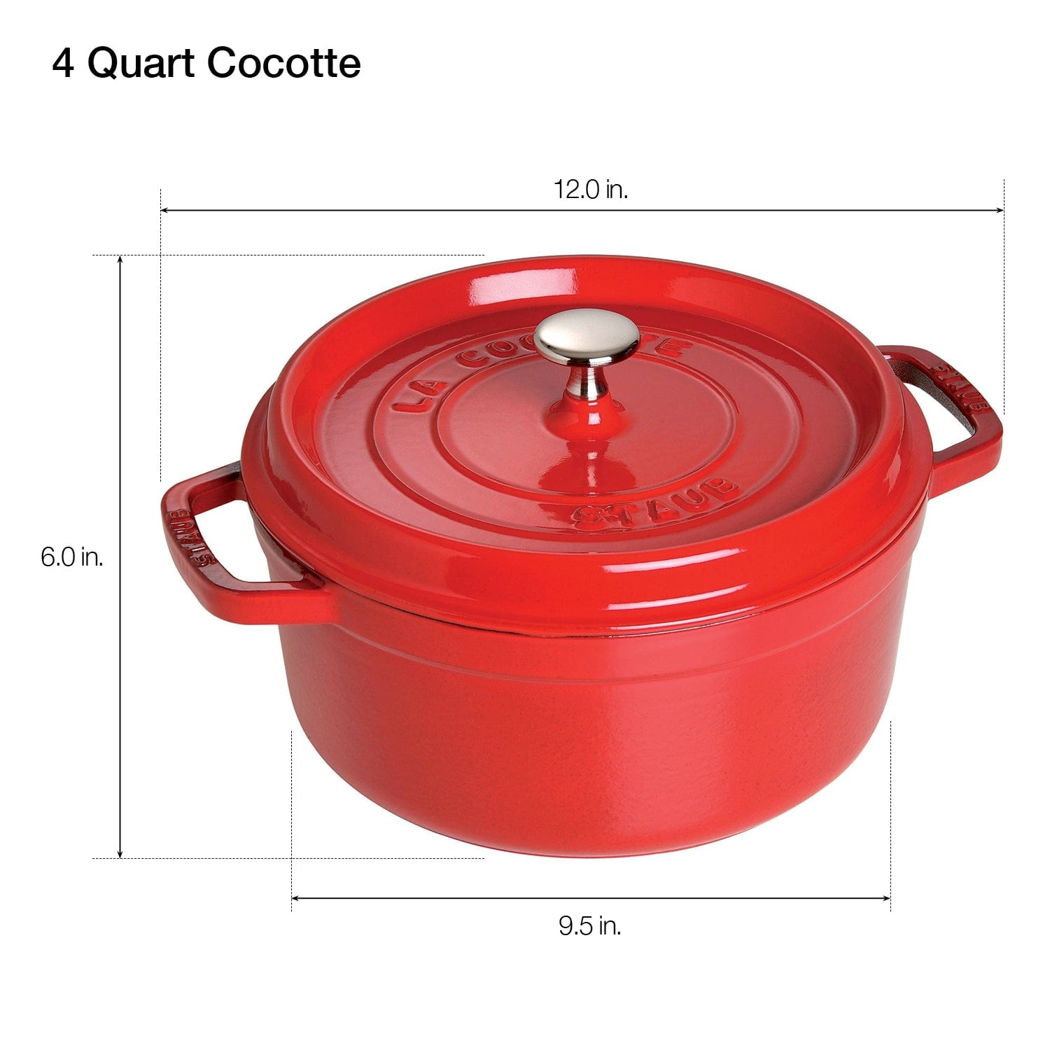 Staub Cast Iron Round Cocotte, Dutch Oven, 4-quart, serves 3-4, Made in France, Cherry