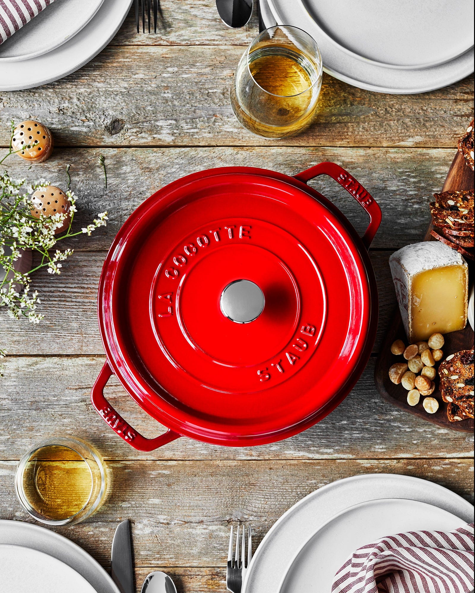 Staub Cast Iron Round Cocotte, Dutch Oven, 4-quart, serves 3-4, Made in France, Cherry