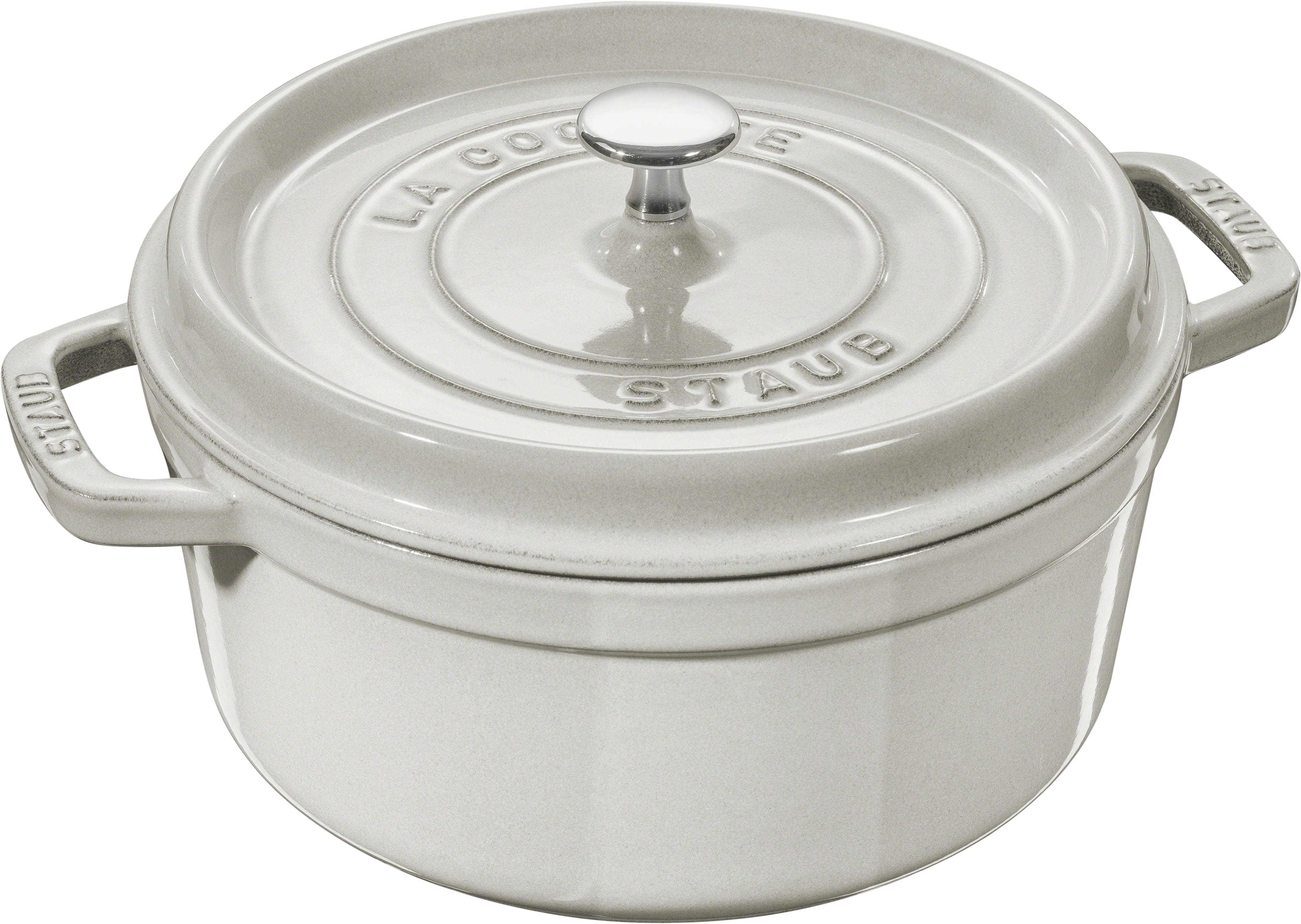 Staub Cast Iron Round Cocotte, Dutch Oven, 4-quart, serves 3-4, Made in France, White Truffle