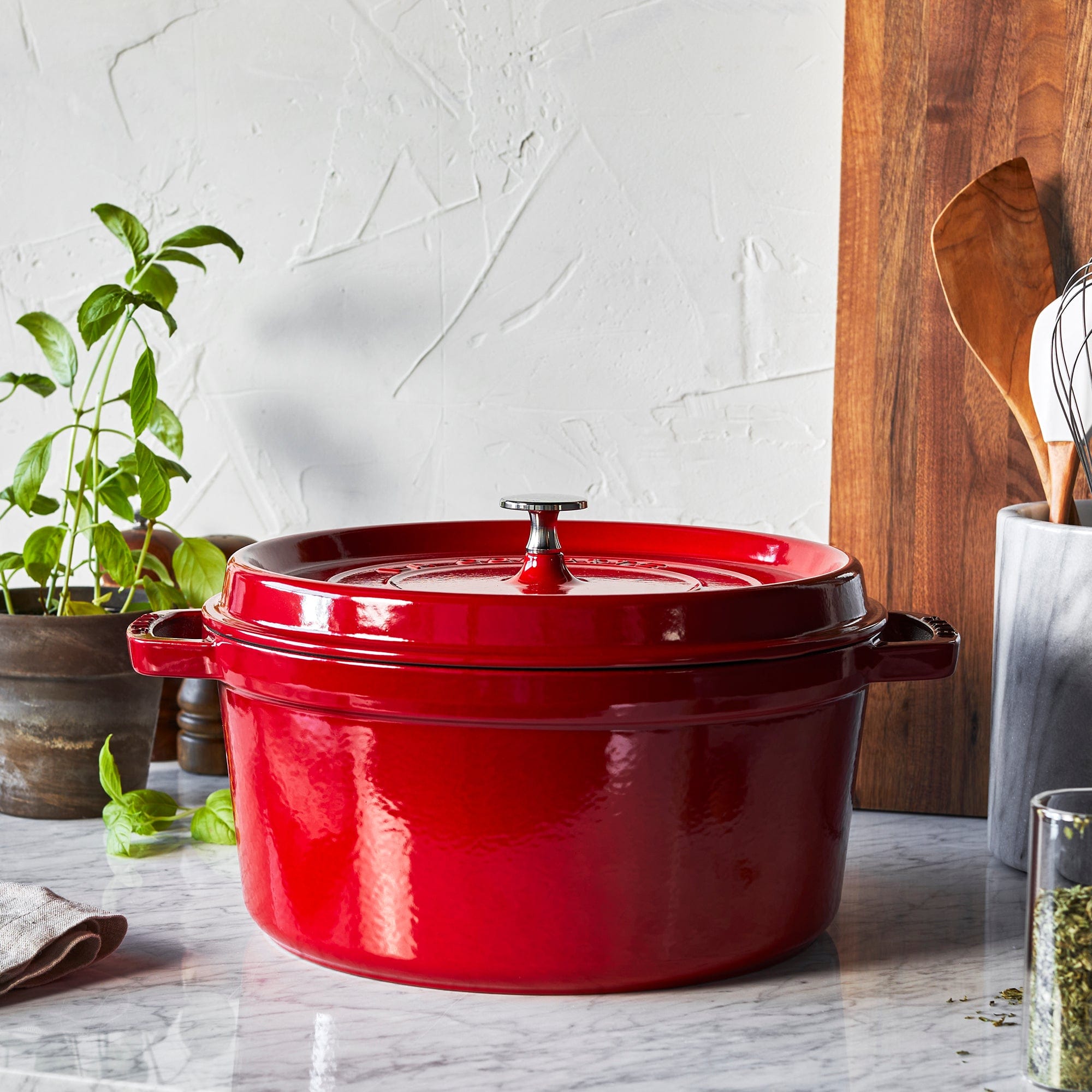 Staub Cast Iron Round Cocotte, Dutch Oven, 7-quart, serves 7-8, Made in France, Cherry