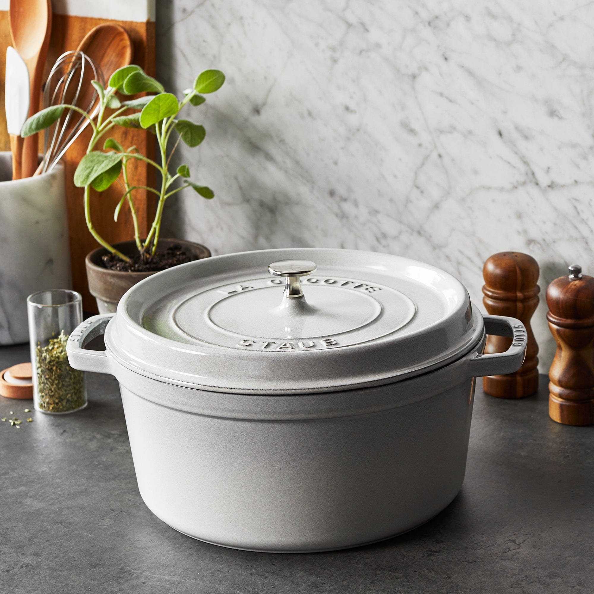 Staub Cast Iron 7-qt Round Cocotte - White Truffle