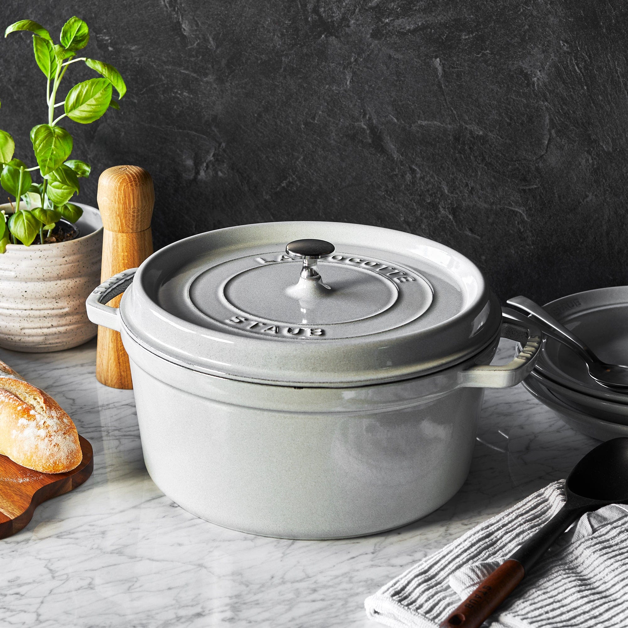 Staub Cast Iron 7-qt Round Cocotte - White Truffle