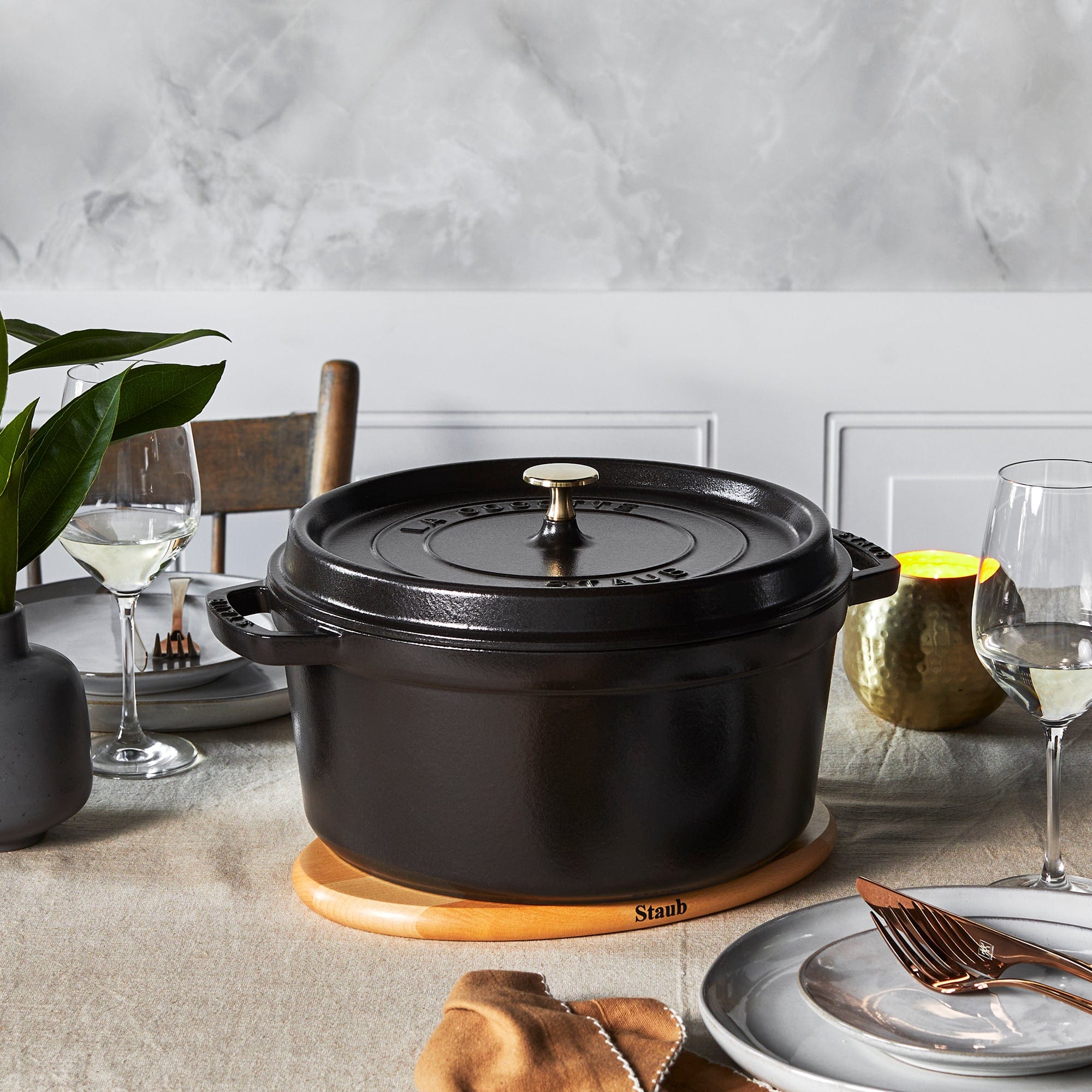 Staub Cast Iron Round Cocotte, Dutch Oven, 7-quart, serves 7-8, Made in France, Matte Black