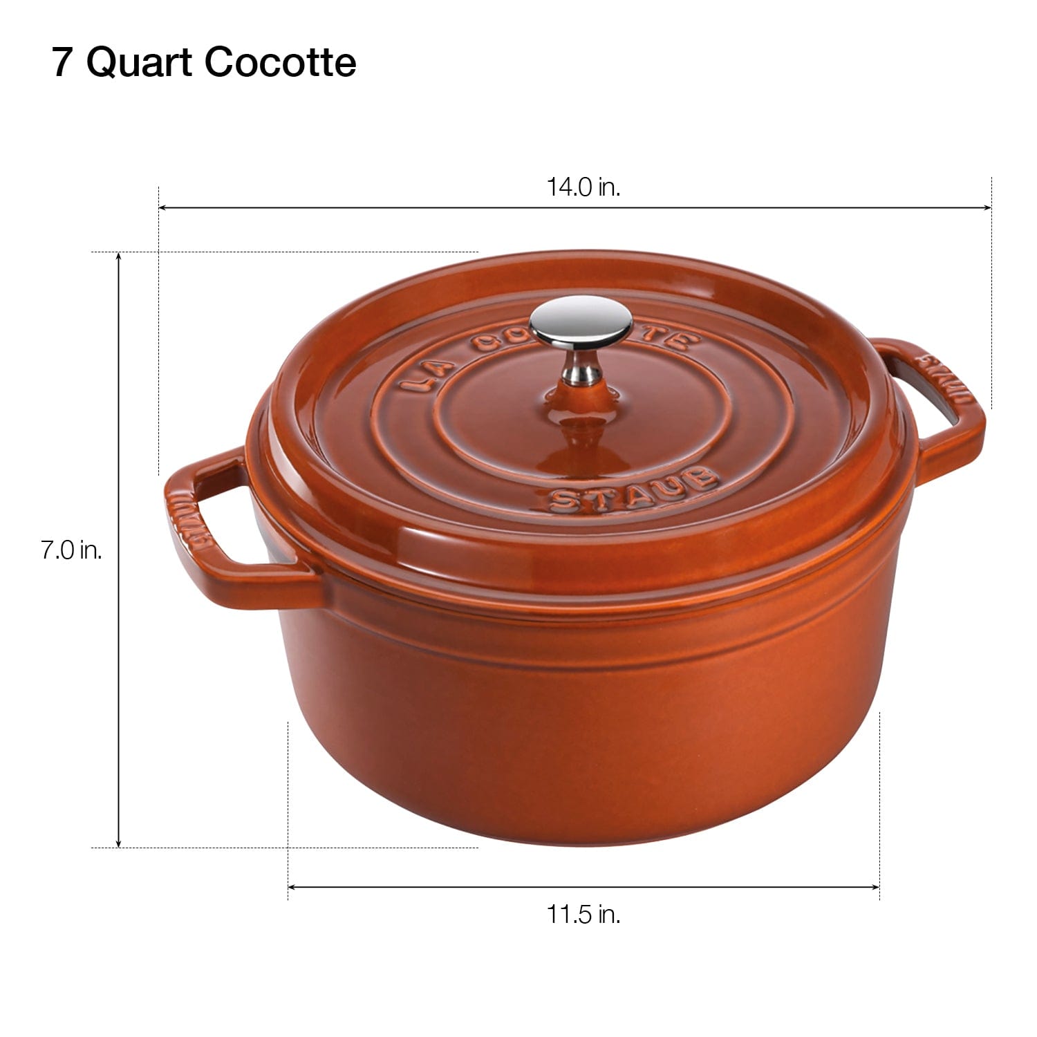 Staub Cast Iron Round Cocotte, Dutch Oven, 7-quart, serves 7-8, Made in France, Burnt Orange