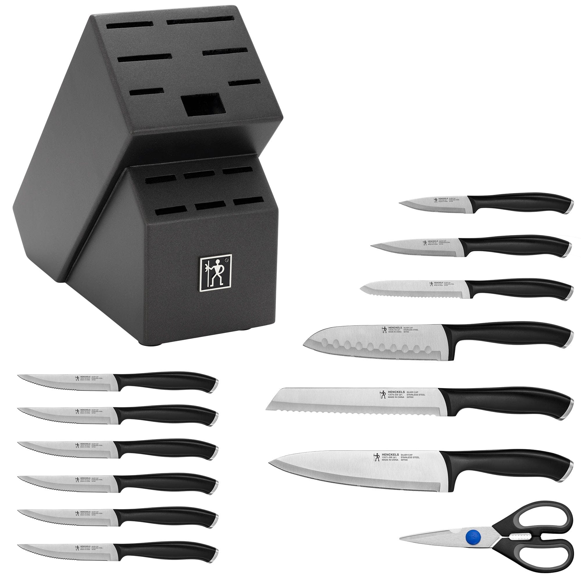 Henckels Silvercap 14 Piece Knife Set with Block, Chef, Paring, Utility, Bread, Steak, Stainless Steel