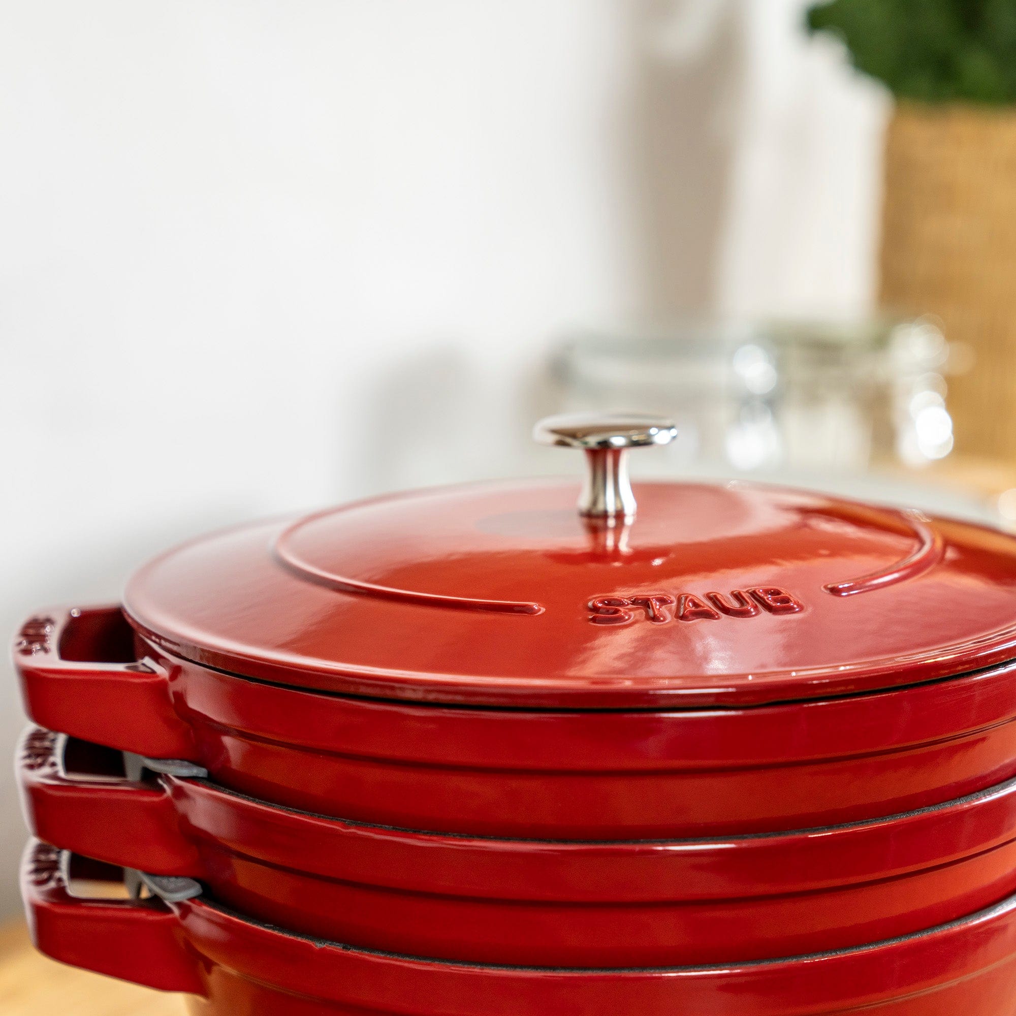 Staub Cast Iron Set 4-pc, Stackable Space-Saving Cookware Set, Dutch Oven with Lid, Cherry