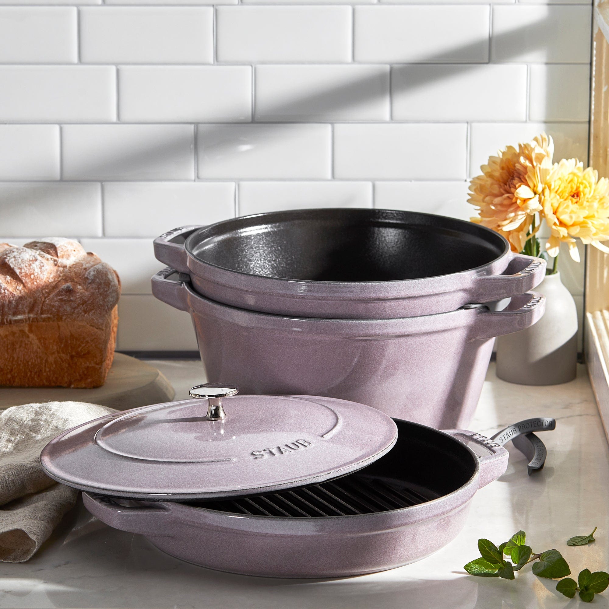 Staub Cast Iron Set 4-pc, Stackable Space-Saving Cookware Set, Dutch Oven with Lid, Lilac