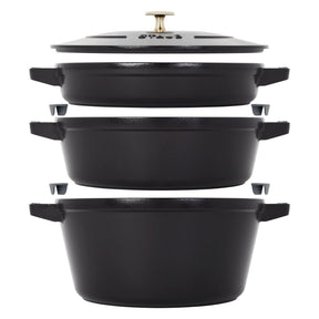 Staub Cast Iron Set 4-pc, Stackable Space-Saving Cookware Set, Dutch Oven with Lid, Matte Black