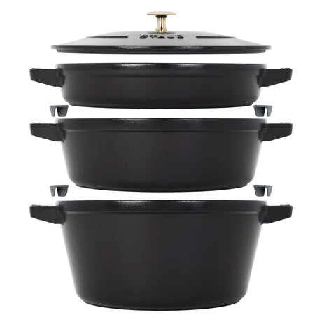 Staub Cast Iron Set 4-pc, Stackable Space-Saving Cookware Set, Dutch Oven with Lid, Matte Black