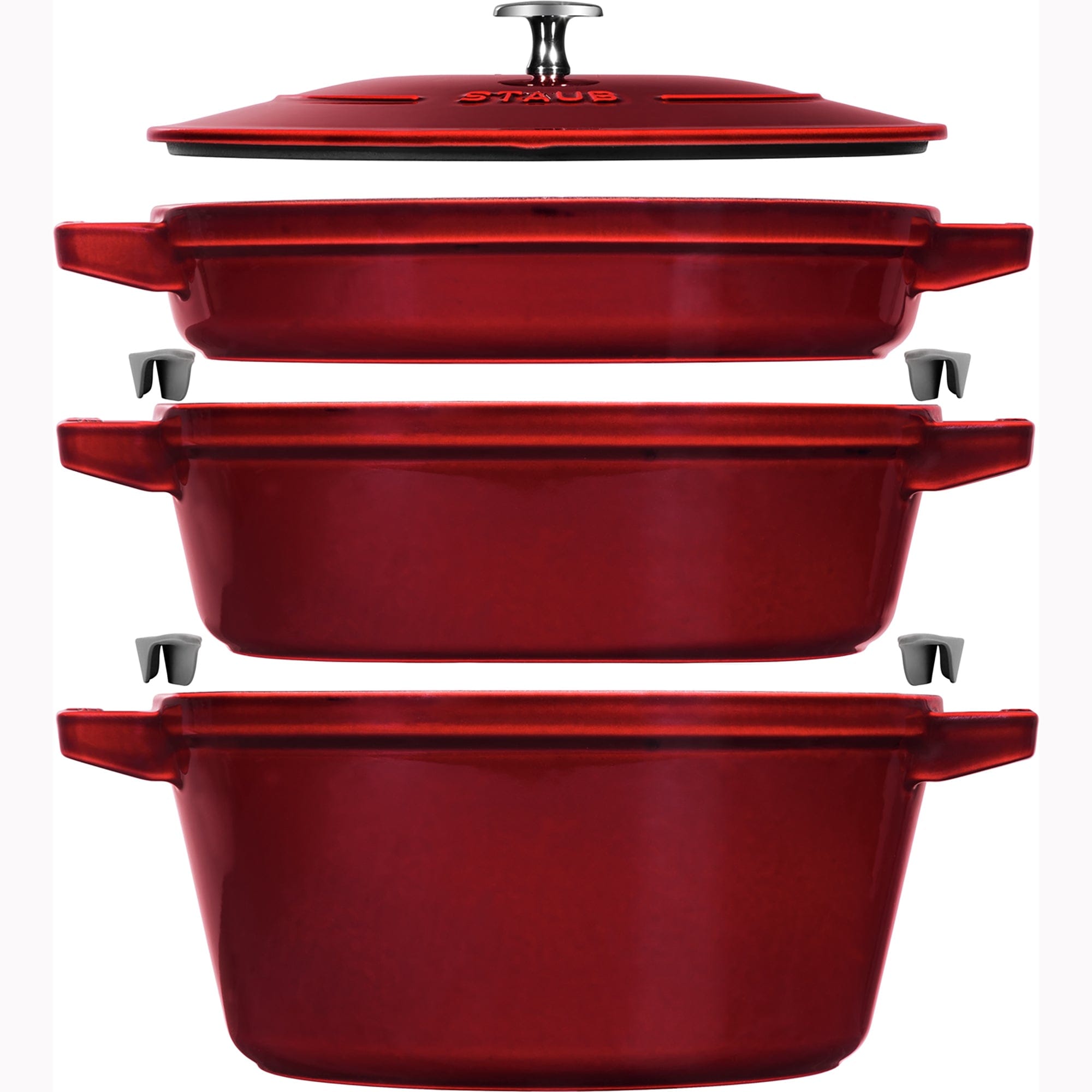 Staub Cast Iron Set 4-pc, Stackable Space-Saving Cookware Set, Dutch Oven with Lid, Grenadine