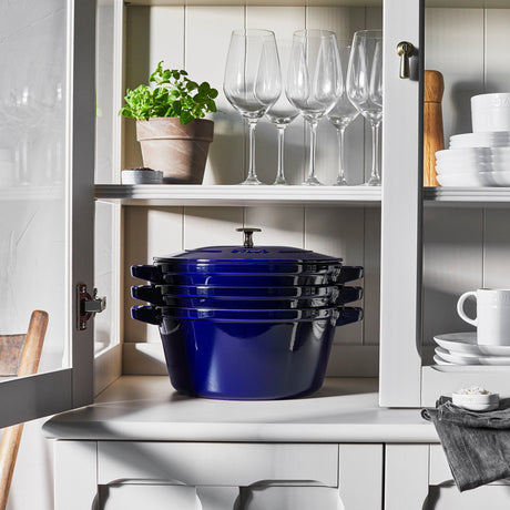 Staub Cast Iron Set 4-pc, Stackable Space-Saving Cookware Set, Dutch Oven with Lid, Dark Blue