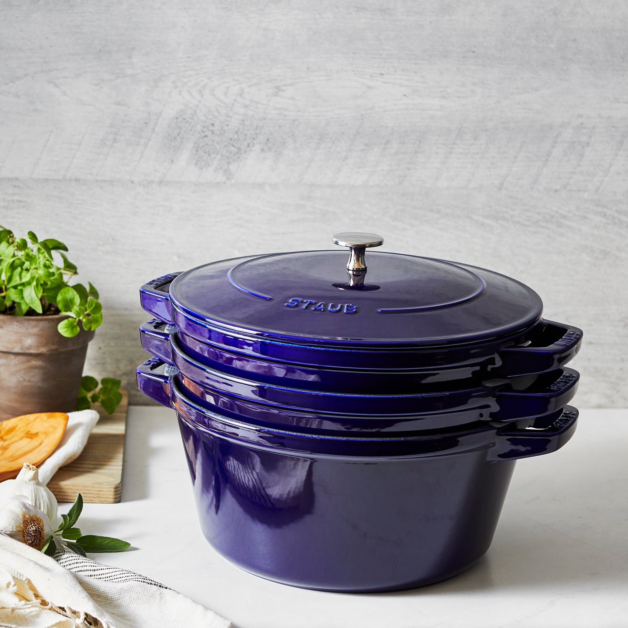 Staub Cast Iron Set 4-pc, Stackable Space-Saving Cookware Set, Dutch Oven with Lid, Dark Blue