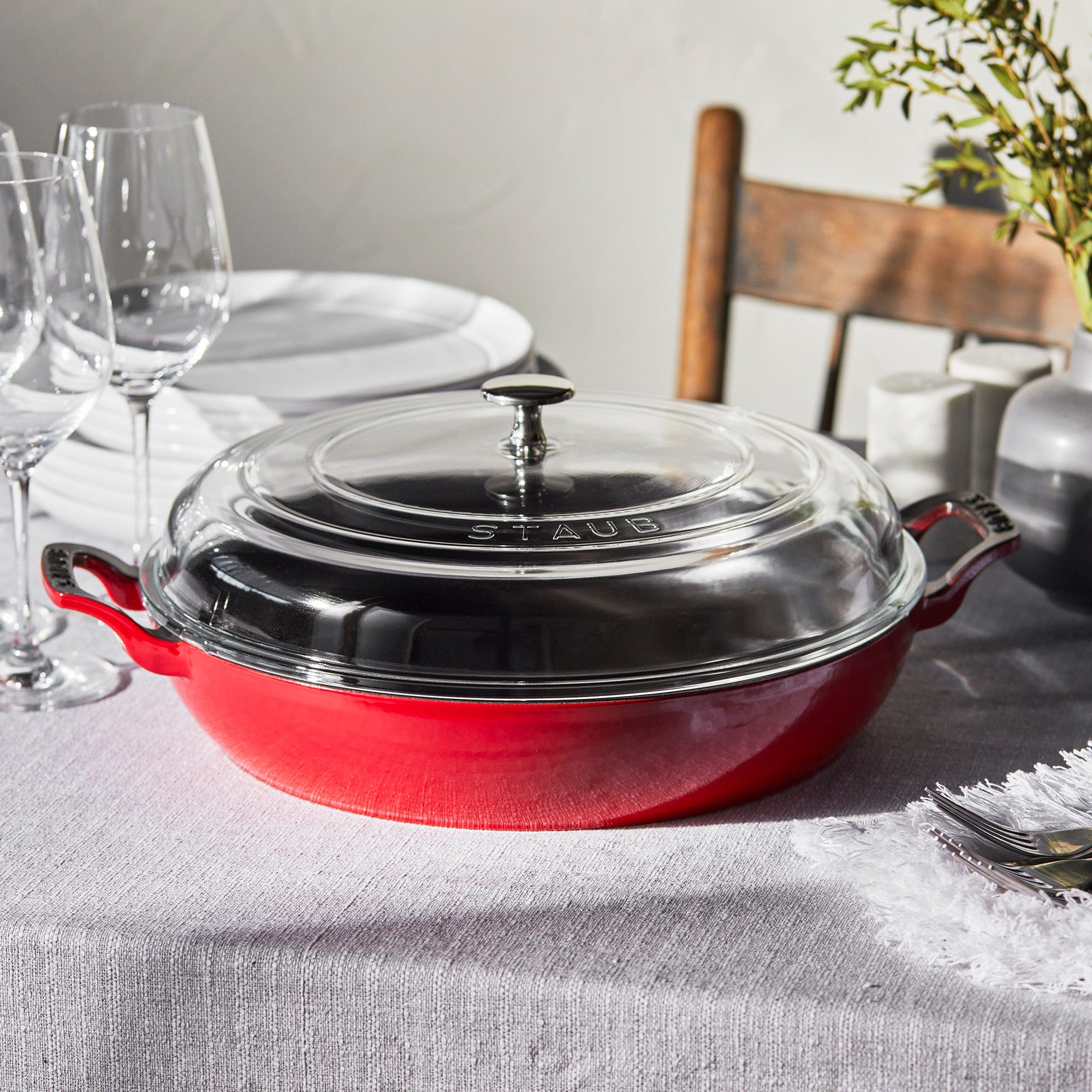 Staub Cast Iron Braiser with Glass Lid, Dutch Oven, 3.5-quart, serves 3-4, Made in France, Cherry