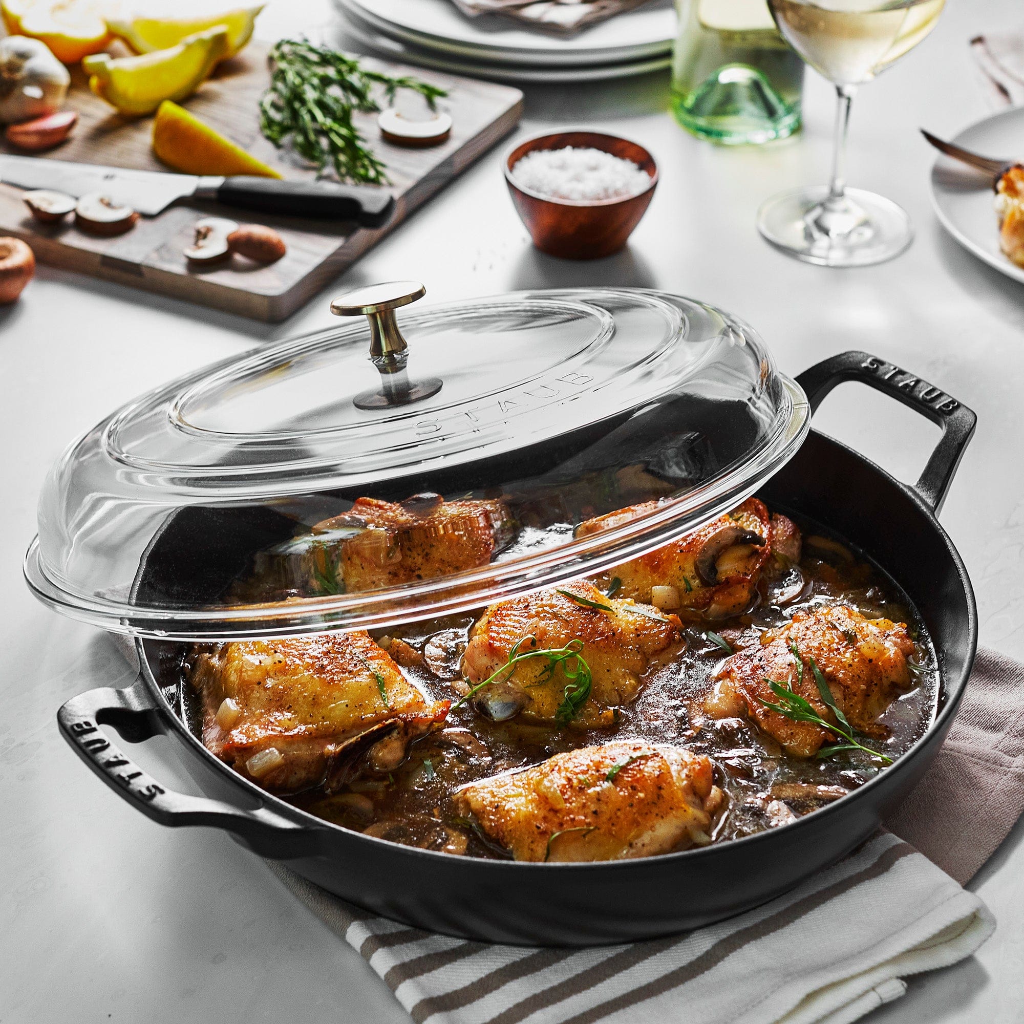 Staub Cast Iron Braiser with Glass Lid, Dutch Oven, 3.5-quart, serves 3-4, Made in France, Matte Black