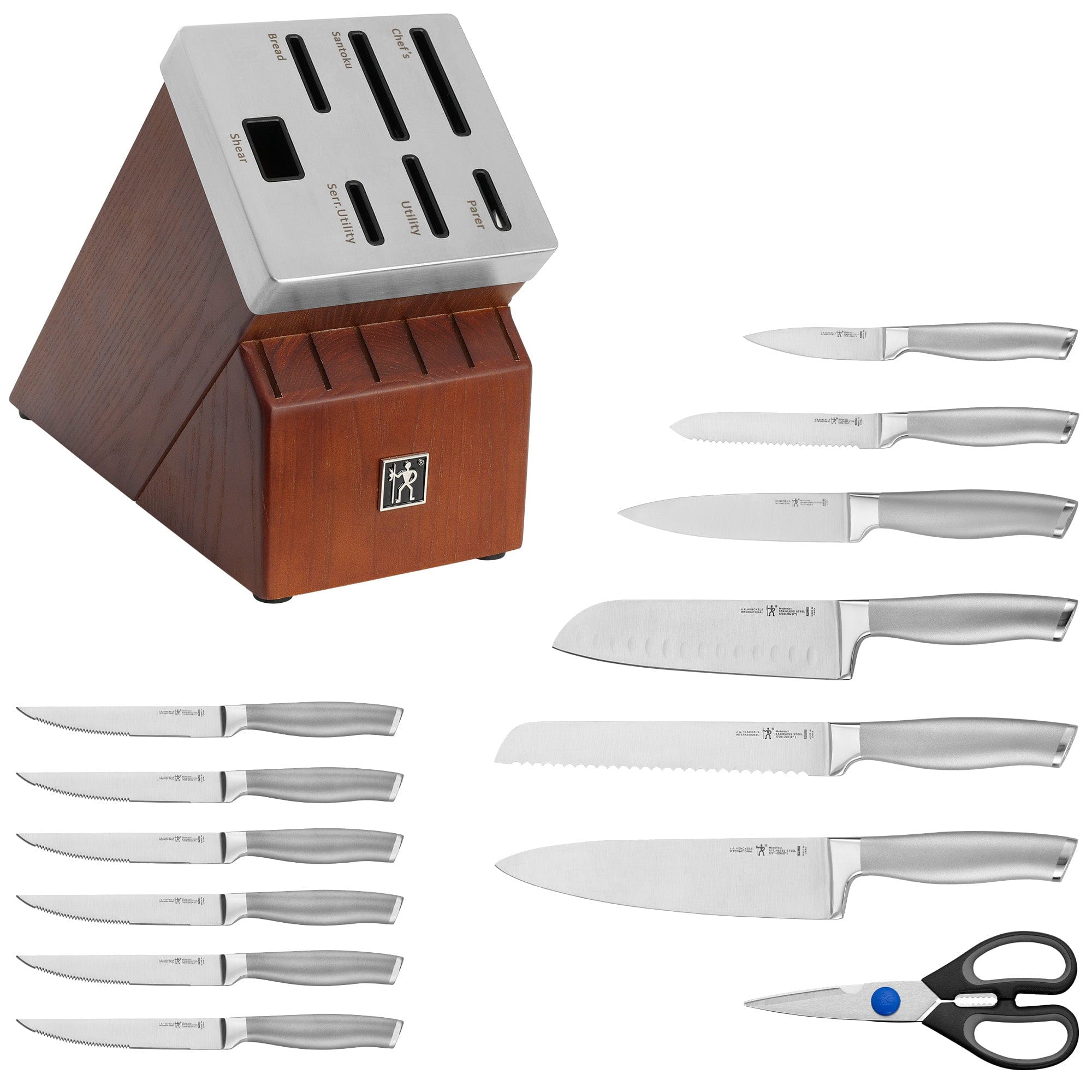 Henckels Modernist 14-pc Self-Sharpening Knife Set with Block, Chef, Paring, Bread, Steak, Dark Brown, Stainless Steel, Walnut