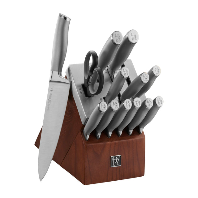 Henckels Modernist 14-pc Self-Sharpening Knife Set with Block, Chef, Paring, Bread, Steak, Dark Brown, Stainless Steel, Walnut