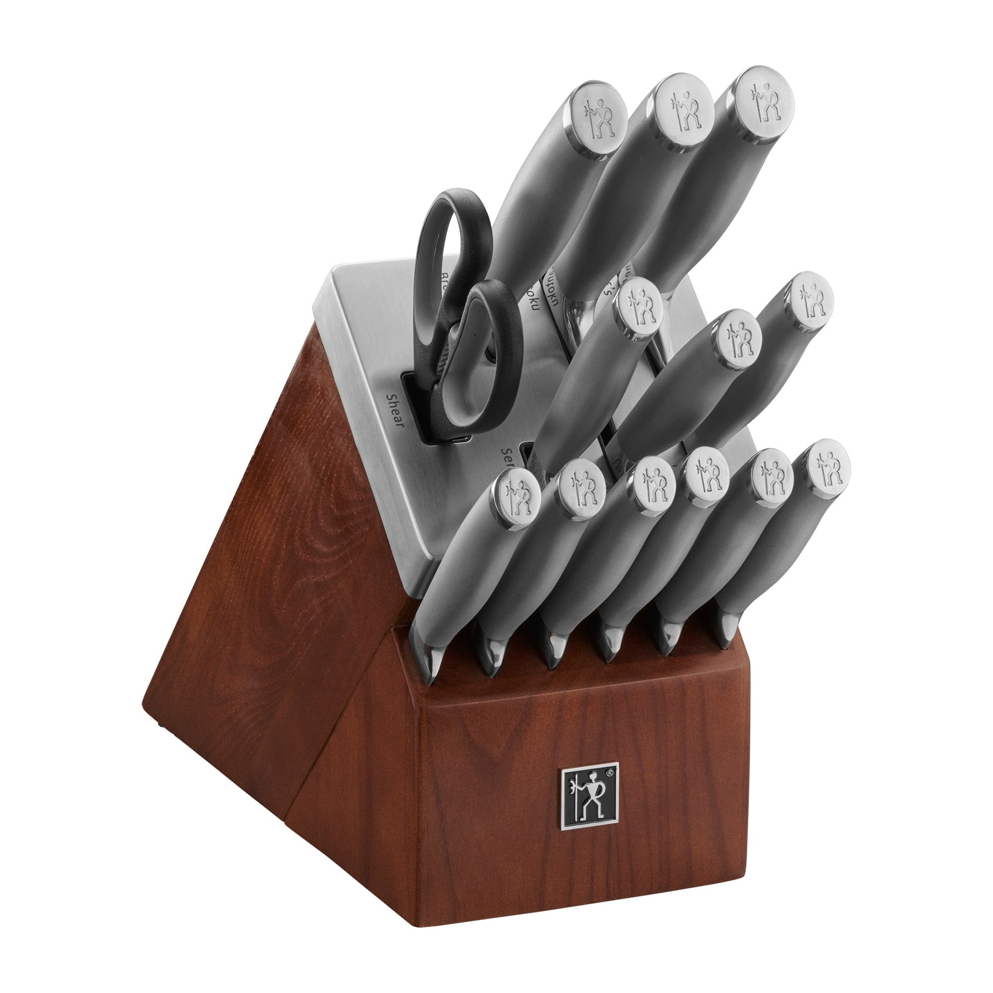 Henckels Modernist 14-pc Self-Sharpening Knife Set with Block, Chef, Paring, Bread, Steak, Dark Brown, Stainless Steel, Walnut