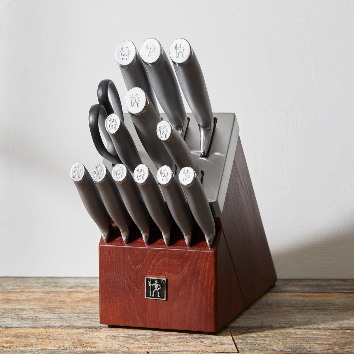Henckels Modernist 14-pc Self-Sharpening Knife Set with Block, Chef, Paring, Bread, Steak, Dark Brown, Stainless Steel, Walnut