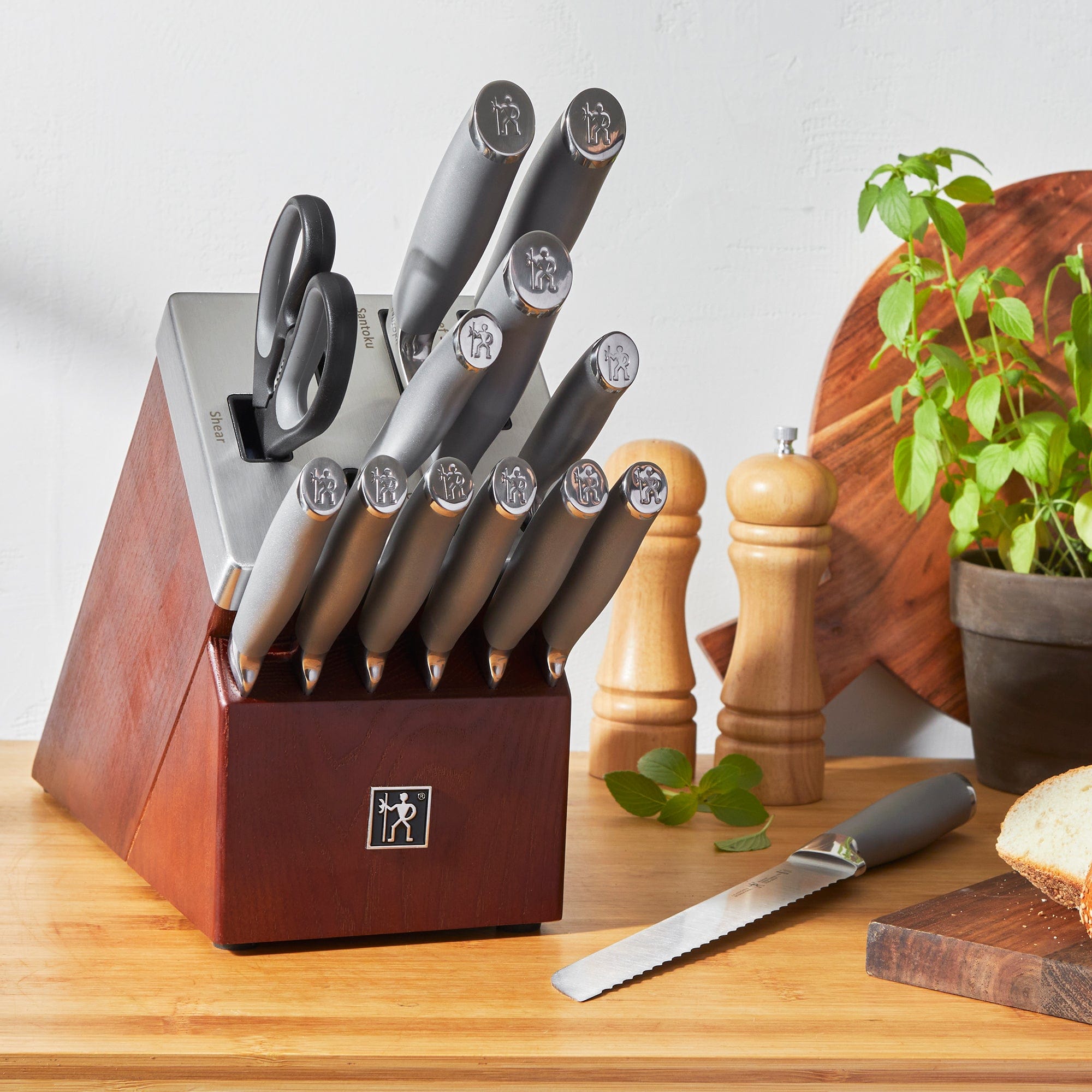 Henckels Modernist 14-pc Self-Sharpening Knife Set with Block, Chef, Paring, Bread, Steak, Dark Brown, Stainless Steel, Walnut