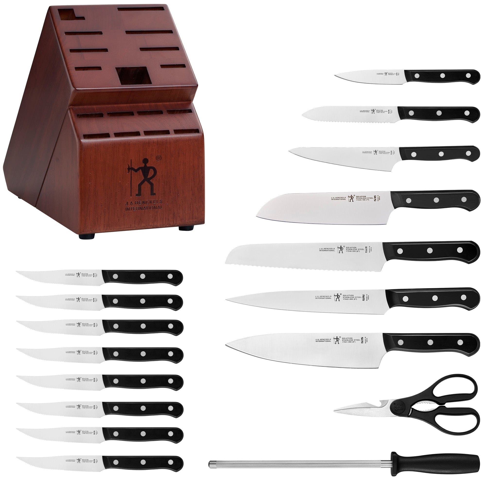 Henckels Razor-Sharp Solution 18-pc Knife Set with Block, Chef, Steak, Utility, Dark Brown, Stainless Steel, German Engineered