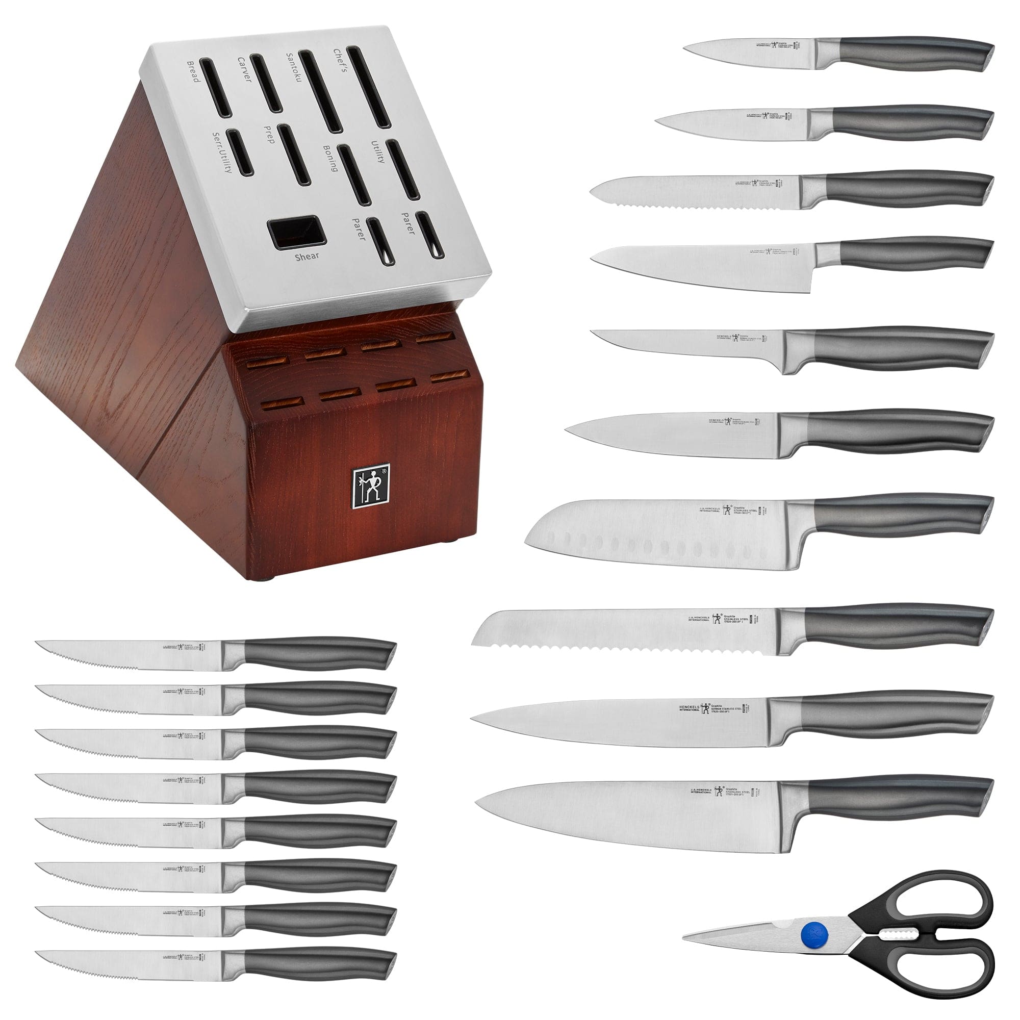 Henckels Graphite 20-pc Self-Sharpening Knife Set with Block, Chef, Paring, Utility, Bread, Steak, Brown