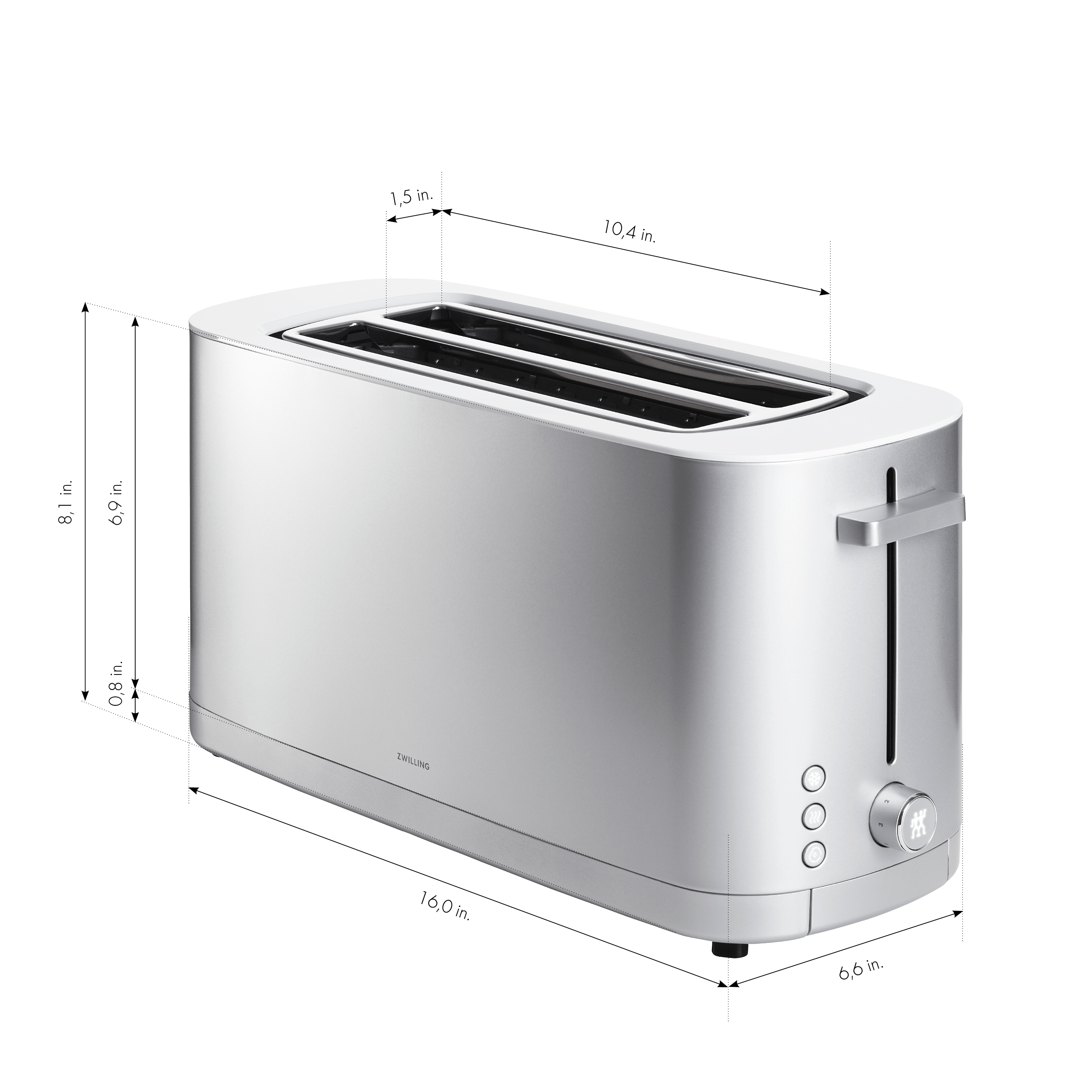 Zwilling Enfinigy, 4-Slice Long Slot Toaster, Extra Wide 1.5" Slot for Bagels and Toast, Silver